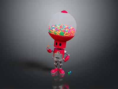 Red Robot With Gumball Machine Head Holding Colorful Candy Balls Scattered On Floor 3d model