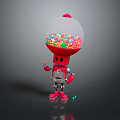 Red Robot With Gumball Machine Head Holding Colorful Candy Balls Scattered On Floor