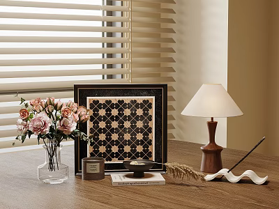 Decorative Ornament Set With Glass Vase Pink Flowers Framed Artwork Wooden Table Lamp On Tabletop 3d model