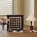 Decorative Ornament Set With Glass Vase Pink Flowers Framed Artwork Wooden Table Lamp On Tabletop