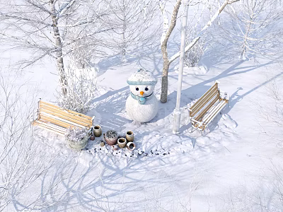 Snowy Winter Park Scene with Snowman Benches Flower Pots and Snow Covered Trees 3d model