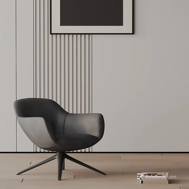 Modern Black Leather Accent Chair In Living Space With Striped Wall Wooden Floor And Decorative Art 3d model 