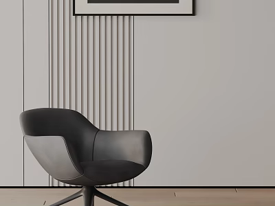 Modern Black Leather Accent Chair In Living Space With Striped Wall Wooden Floor And Decorative Art 3d model