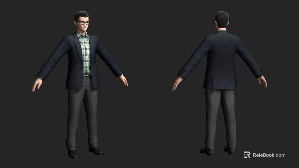 Man 3D Model Front and Back Views Wearing Blazer Plaid Shirt Pants and Glasses 3d model 