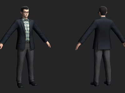 Man 3D Model Front and Back Views Wearing Blazer Plaid Shirt Pants and Glasses 3d model