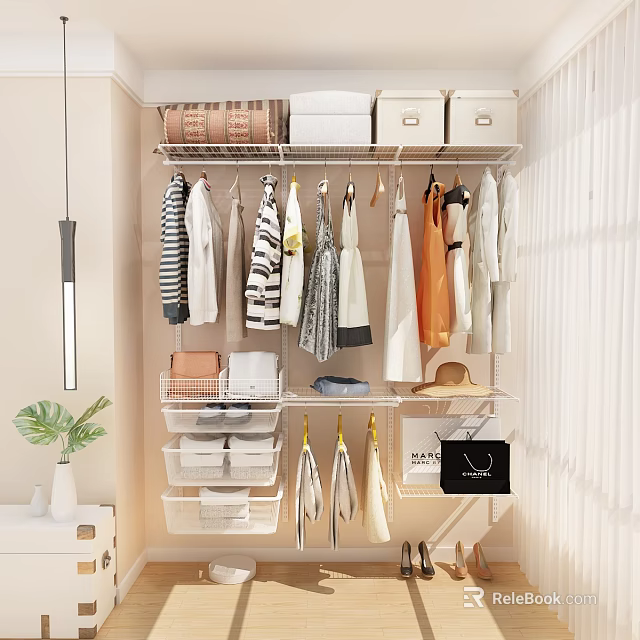 Modern Open Closet Interior Design With Hanging Clothes Storage Boxes And Drawers 3d model