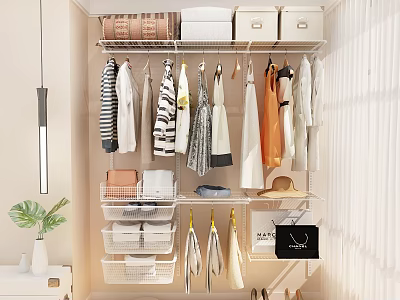 Modern Open Closet Interior Design With Hanging Clothes Storage Boxes And Drawers 3d model