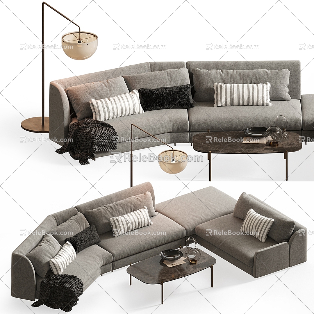 Sofa Coffee Table Combination Living Room Sofa Multi-person Sofa Coffee Table Carpet Pillow Pillow Blanket Table Lamp Simple 3d model