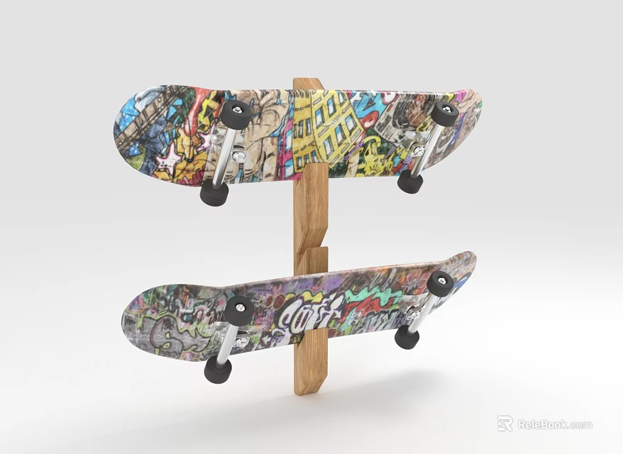 Two Colorful Graffiti Skateboards Design With Wooden Stand For Sports Equipment 3d model 