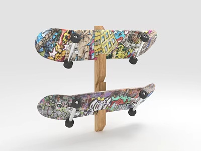 Two Colorful Graffiti Skateboards Design With Wooden Stand For Sports Equipment 3d model