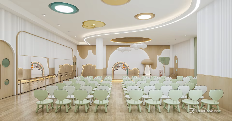 Modern Kindergarten Interior With Heart Shaped Chairs And Ceiling Lights 3d model 
