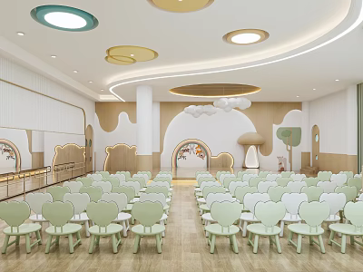 Modern Kindergarten Interior With Heart Shaped Chairs And Ceiling Lights 3d model