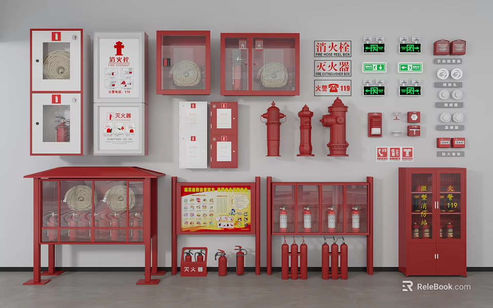 Comprehensive Fire Fighting Equipment Display With Hydrants Extinguishers Cabinets And Signs 3d model 