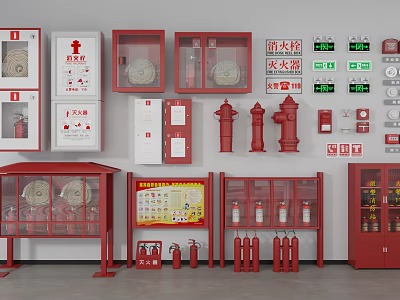 Comprehensive Fire Fighting Equipment Display With Hydrants Extinguishers Cabinets And Signs 3d model