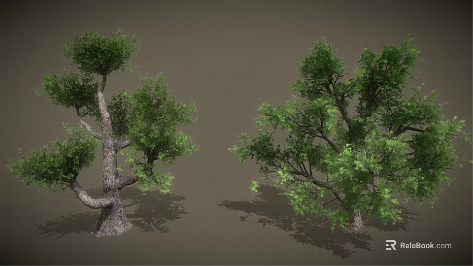 Cartoon Scene Featuring Two Trees With Green Leaves And Curved Trunks On Gray Background 3d model 