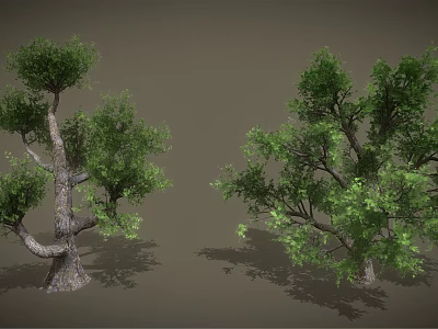 Cartoon Scene Featuring Two Trees With Green Leaves And Curved Trunks On Gray Background 3d model