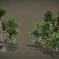 Cartoon Scene Featuring Two Trees With Green Leaves And Curved Trunks On Gray Background