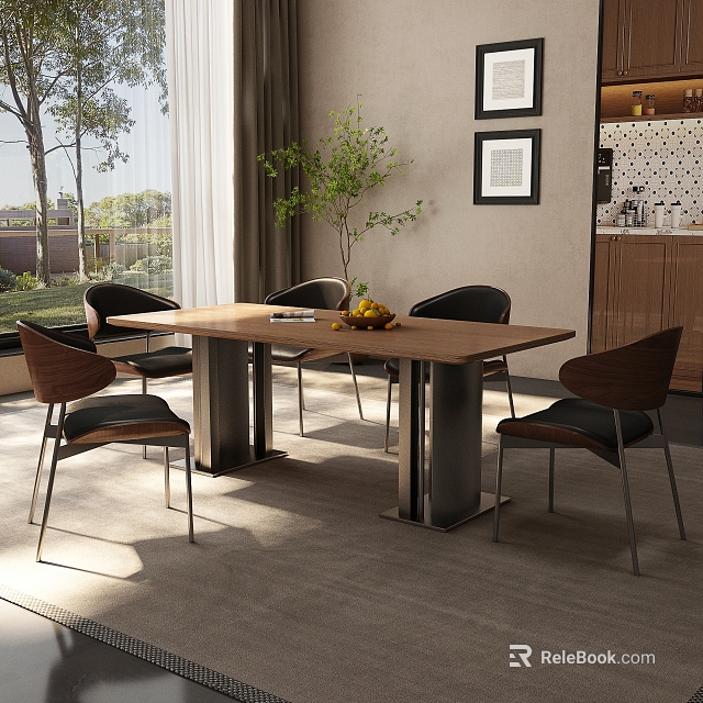 Modern Dining Room Interior With Wooden Table Black Chairs Green Plant And Natural Light 3d model 