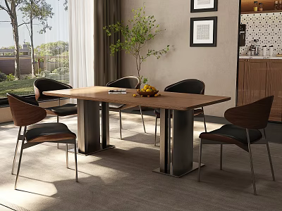 Modern Dining Room Interior With Wooden Table Black Chairs Green Plant And Natural Light 3d model