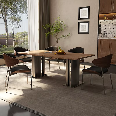 Modern Dining Room Interior With Wooden Table Black Chairs Green Plant And Natural Light 3d model