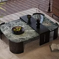 Modern Coffee Table with Marble Top Black Frame Fruit Plate Vase Open Book on Rug