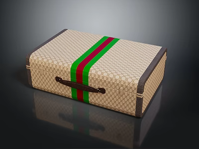 Beige Diamond Pattern Storage Box With Red Green Stripes And Brown Handle 3d model