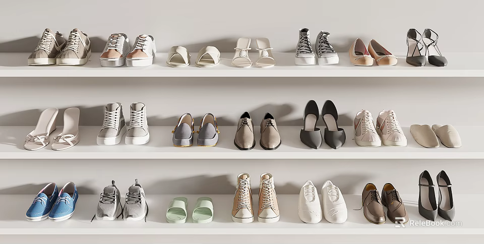 Stylish Shoes Display On White Shelves With Various Sneakers Sandals And Heels 3d model 