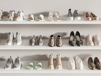 Stylish Shoes Display On White Shelves With Various Sneakers Sandals And Heels 3d model