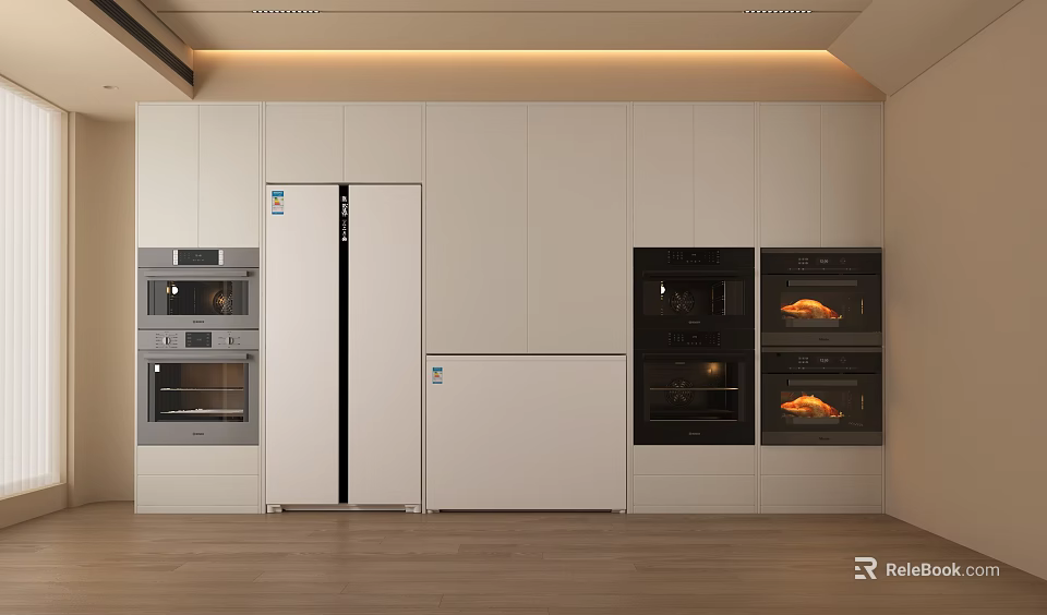 Modern Kitchen With Built In Refrigerator Ovens And White Cabinets Appliances 3d model 