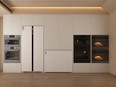Modern Kitchen With Built In Refrigerator Ovens And White Cabinets Appliances 3d model