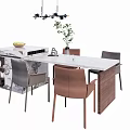 Modern Dining Table Set With Marble Top Gray Brown Chairs Pendant Lights And Potted Plant