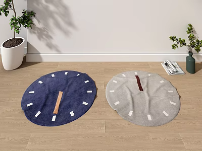 Blue and Gray Round Carpet on Wooden Floor with Potted Plant and Magazine 3d model