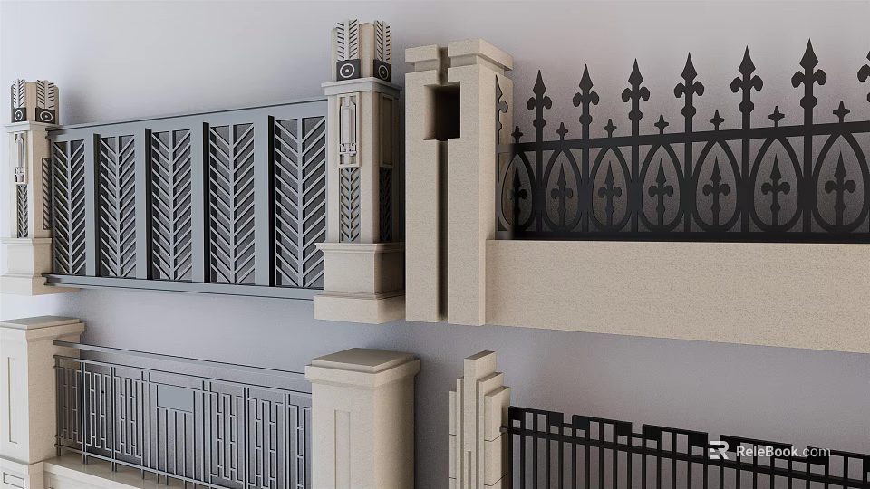 Modern Feature Wall Design With Gray Beige Materials Geometric Patterns And Iron Railings 3d model