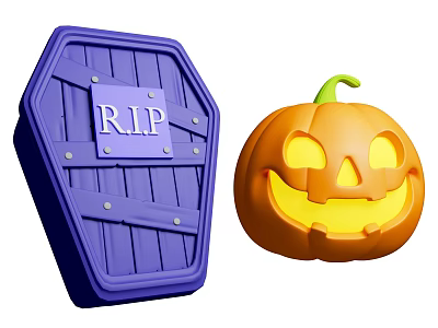 Halloween Themed Decorative Display With Purple RIP Coffin And Pumpkin Lantern Ornament 3d model