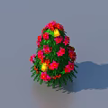 Christmas Tree With Green Branches Red Pink Flowers Yellow Bells Red Bows Against Blue Sky