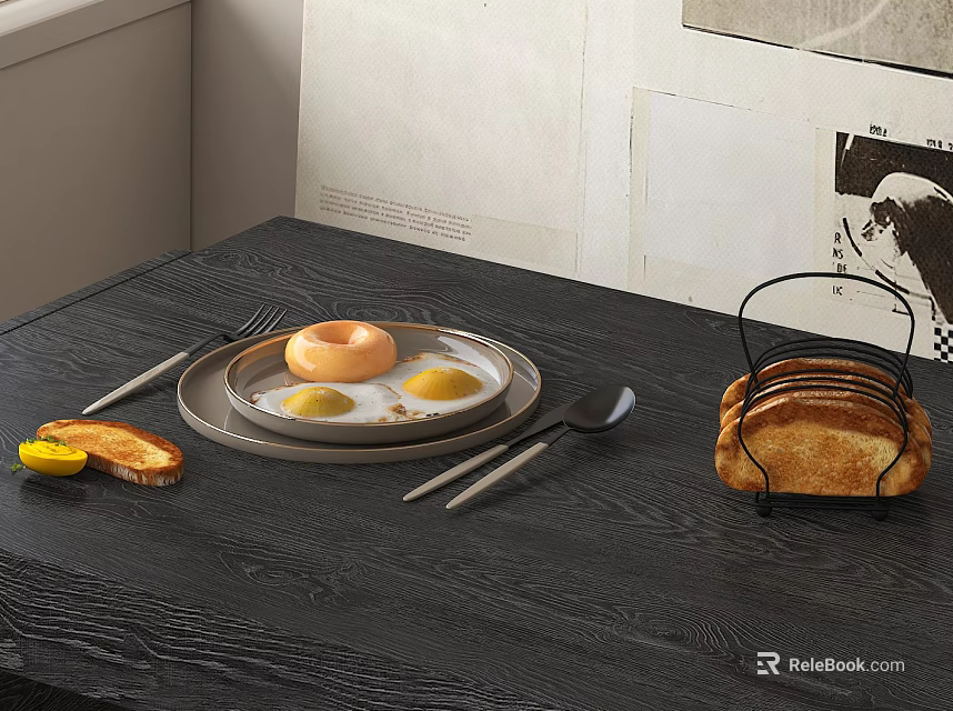 Tableware Set Including Plate Fork Spoon With Fried Eggs Donut And Toast Rack 3d model