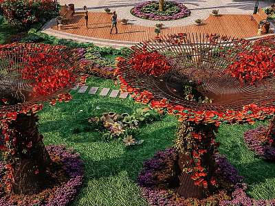 Charming Garden Ornaments With Red Flower Tree Structures Green Lawn Purple Blooms And Stone Path 3d model