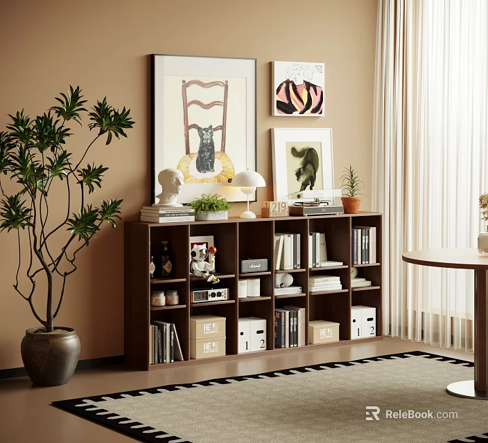 Modern Interior Design With Wooden Bookshelf Books Framed Art And Tall Plant 3d model 