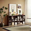 Modern Interior Design With Wooden Bookshelf Books Framed Art And Tall Plant