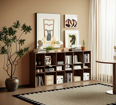 Modern Interior Design With Wooden Bookshelf Books Framed Art And Tall Plant 3d model