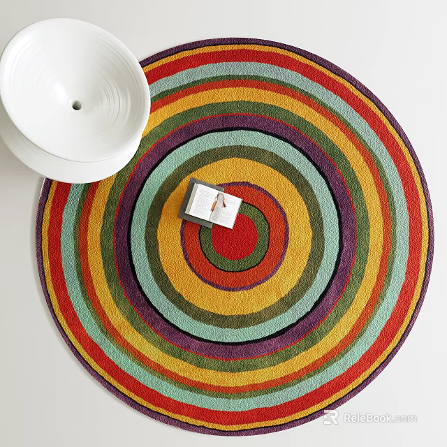 Colorful Round Area Rug With Concentric Stripes And White Bowl On White Surface 3d model 