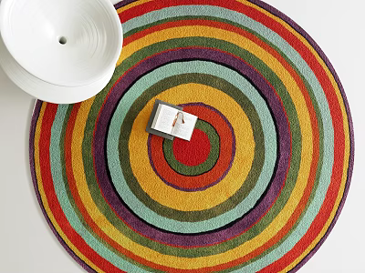 Colorful Round Area Rug With Concentric Stripes And White Bowl On White Surface 3d model