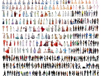 Diverse Group of People with Various Outfits and Poses in Illustration Collection 3d model
