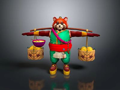 Game Movie Character Red Panda in Green Outfit Carrying Pole with Baskets of Yellow Fruits 3d model