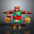 Game Movie Character Red Panda in Green Outfit Carrying Pole with Baskets of Yellow Fruits