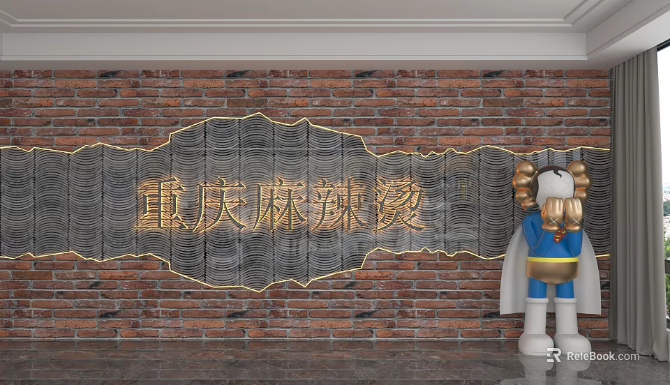 Red Brick Wall Background with Golden Chongqing Malatang Text and Cartoon Statue 3d model 