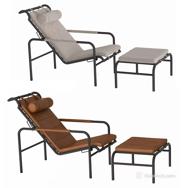Beige And Brown Lounge Chairs With Matching Ottomans And Metal Frames 3d model 