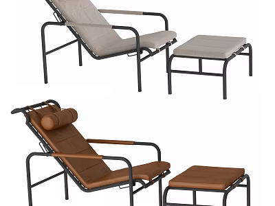 Beige And Brown Lounge Chairs With Matching Ottomans And Metal Frames 3d model