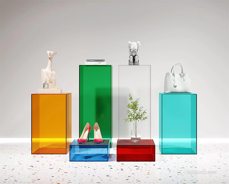 Colorful Modern Display Shelves With Decorative Items High Heels And Handbag 3d model 