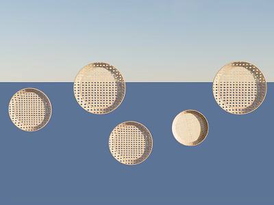 Modern Round Perforated Wall Decor Five Pieces Against Blue Backdrop 3d model